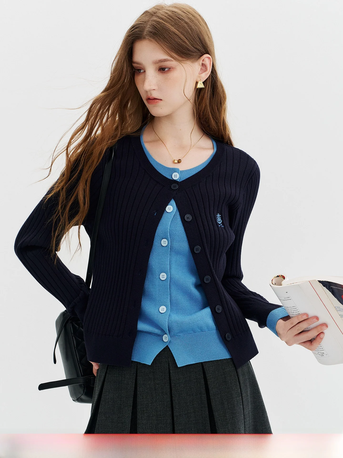Color Block Knitted Open Cardigan Women's Autumn Fashion Soft Drapey Light Maturity Style Long Sleeve round Neck Knitwear