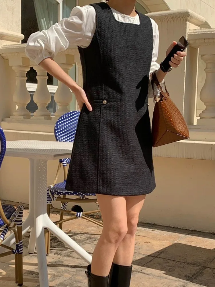 

Chic A-Line Vest Dr Square Collar Slimming Coarse Tweed Svel Women's ort Dr Commute Sle Pure Color Spring Autumn