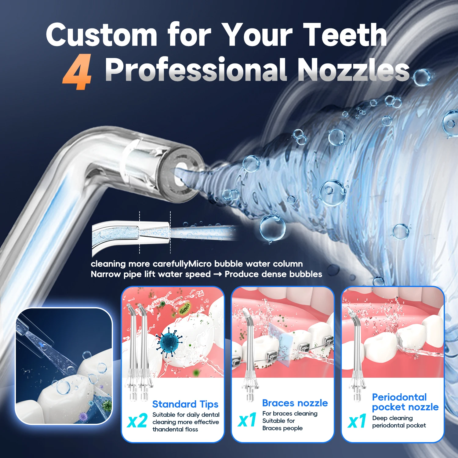 Cordless Acqua Dentale Flosser 4 Jet Tips 4 Modalità 260ML Portatile Ricaricabile Irrigatore Orale IPX7 Impermeabile per la Cura delle Gengive