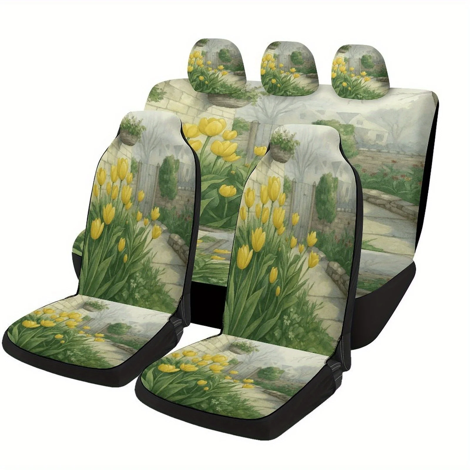 Yellow Tulips Garden Designed Car Seat Cover Set For Most Cars, High-quality Comfortable Car Seat Protector Covers Full Set, Ca