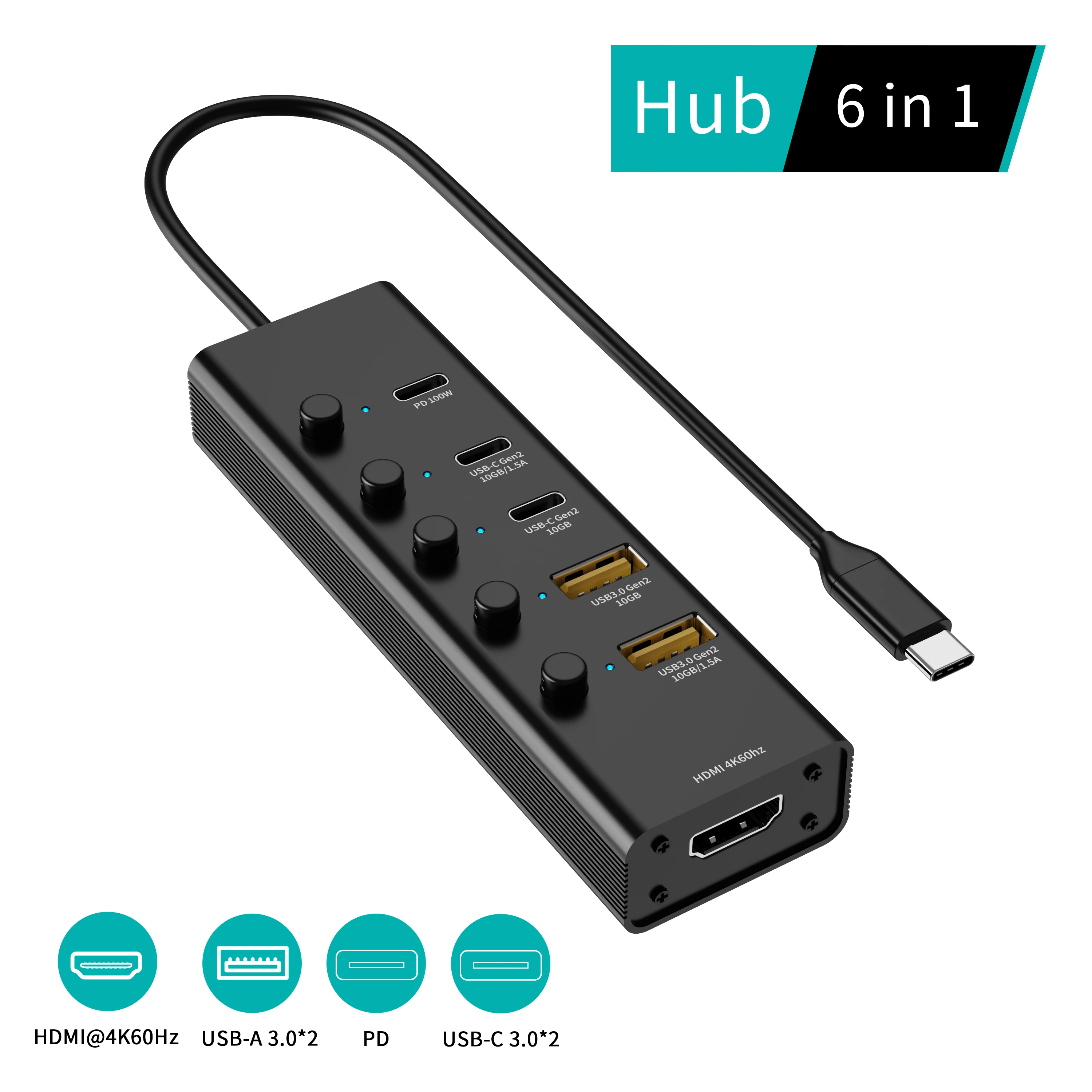 Type-C Six-in-One Docking Station Adapter with USB2.0 USB3.0 PD HDTV TF SD USB-C 3.0 Multiport Hub for Laptops Tablet Smartphone