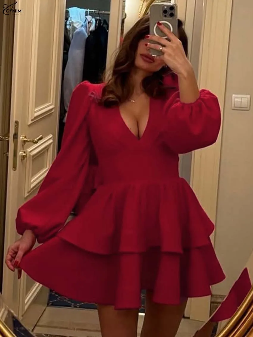 

Oymimi Fashion Red V-Neck Womens Dresses Elegant Wrist Sleeve High Waisted Dresses Casual Pleated Mini Dress Female Clothing