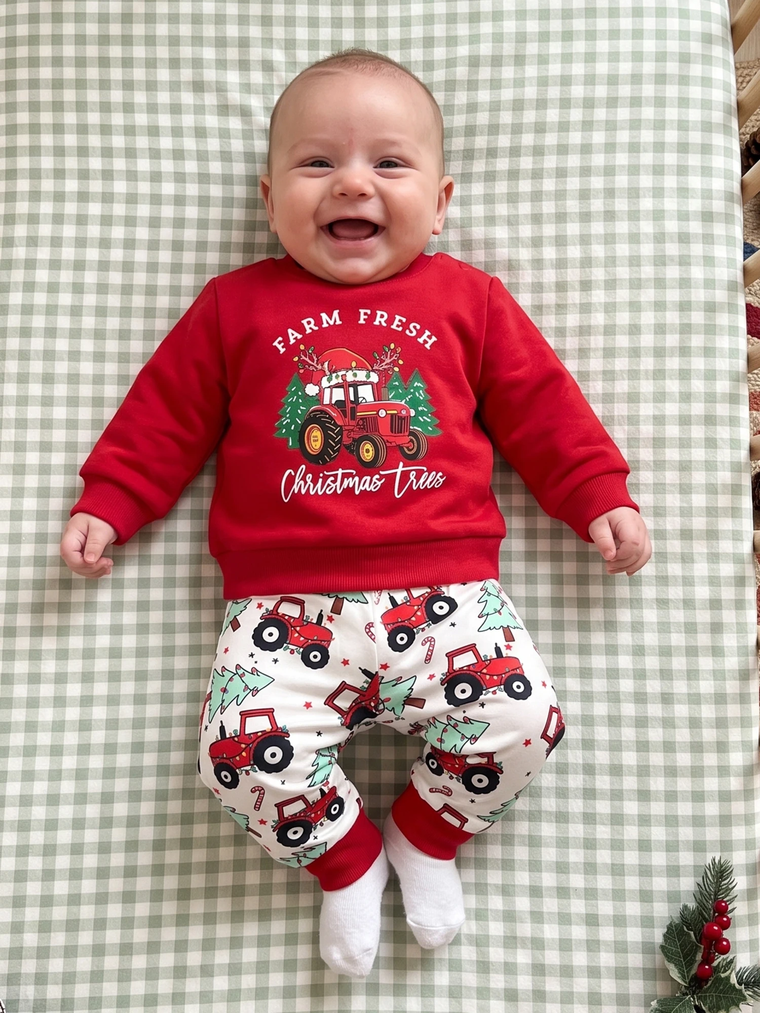 Long With Pants Tractor Print Christmas Costume Tree Long-Sleeve-Sweatshirt Print Sleeve Tree Tractor Print