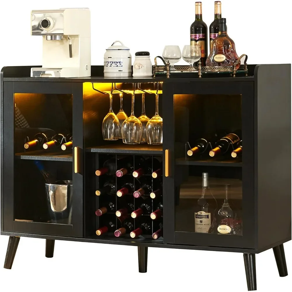 

Wine Cabinets with LED Light Bar Utility Shelves Coffee Buffet Sideboard with Storage for Freestanding Wood Sideboard