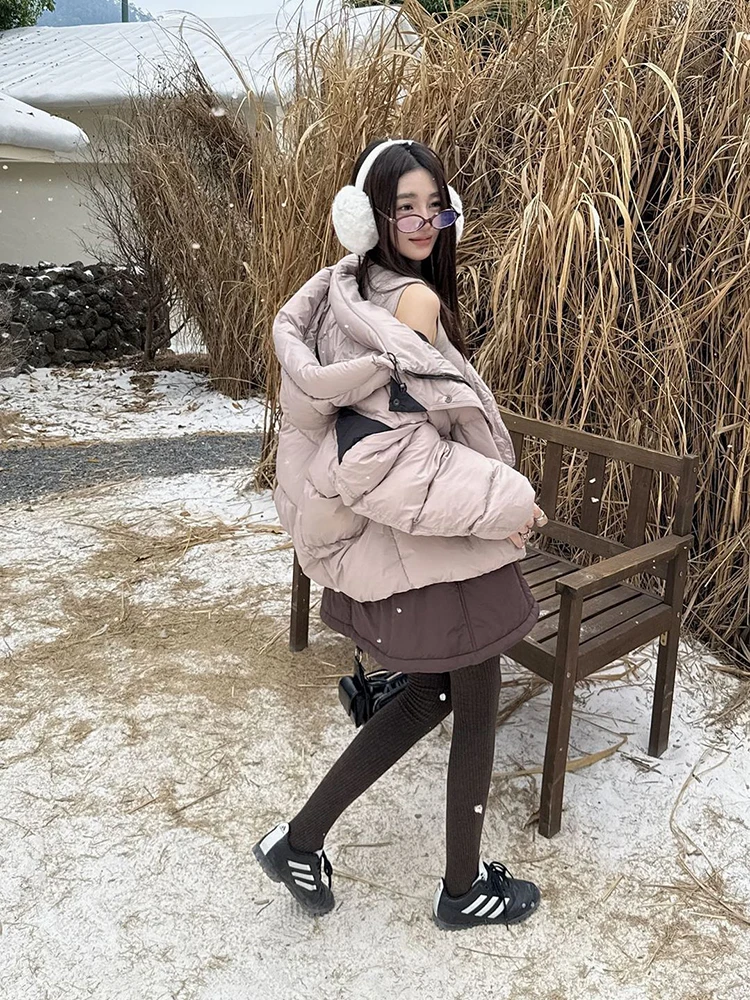 Winter Big Pocket Solid Hooded Quilted Jacket Women 90 White Duck Down Parker Outwear Coat Female Loose Warm Short Down Jacket