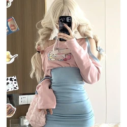 Women Korean Chic Patchwork Print Mini Bodycon Dresses Y2k Off Shoulder Sweet Girls Pink Blue Folds Pleated Dress 2023 Summer