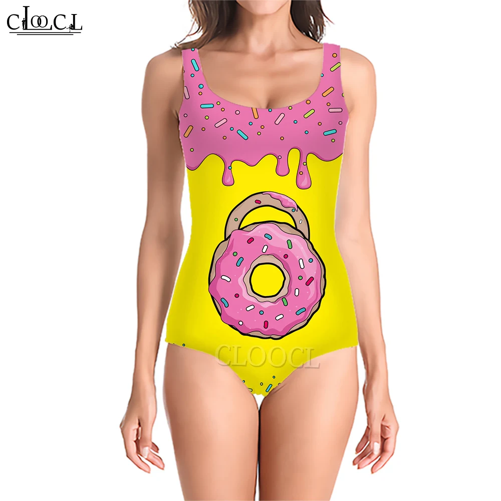 CLOOCL Kawaii Swimsuits Bodysuit Creative Doughnut Pattern Printed One-Piece Sportswear Female Beach Swimming Wear