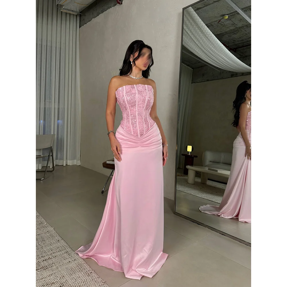 

Pink Evening Dress Customized Strapless Sequin Pleat Satin Evening Gowns Floor Length Mermaid Formal Party Dresses 2025
