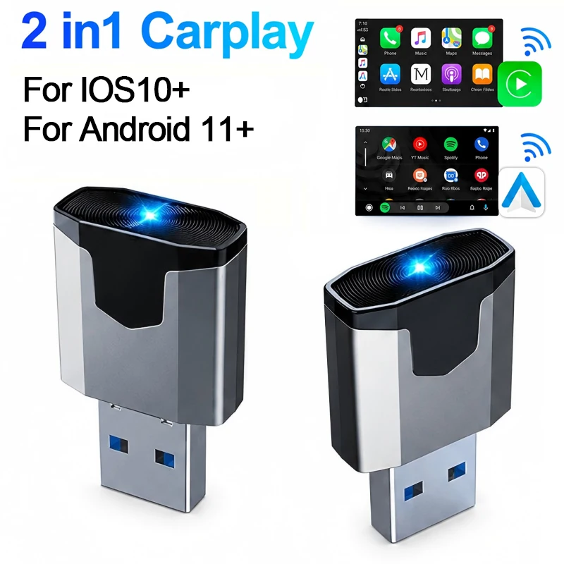 

2-in-1 Wireless Carplay Adapter Android Auto Wired CarPlay To Wireless Mini USB Car Play for Apple IOS 10+ Android 11+ Version
