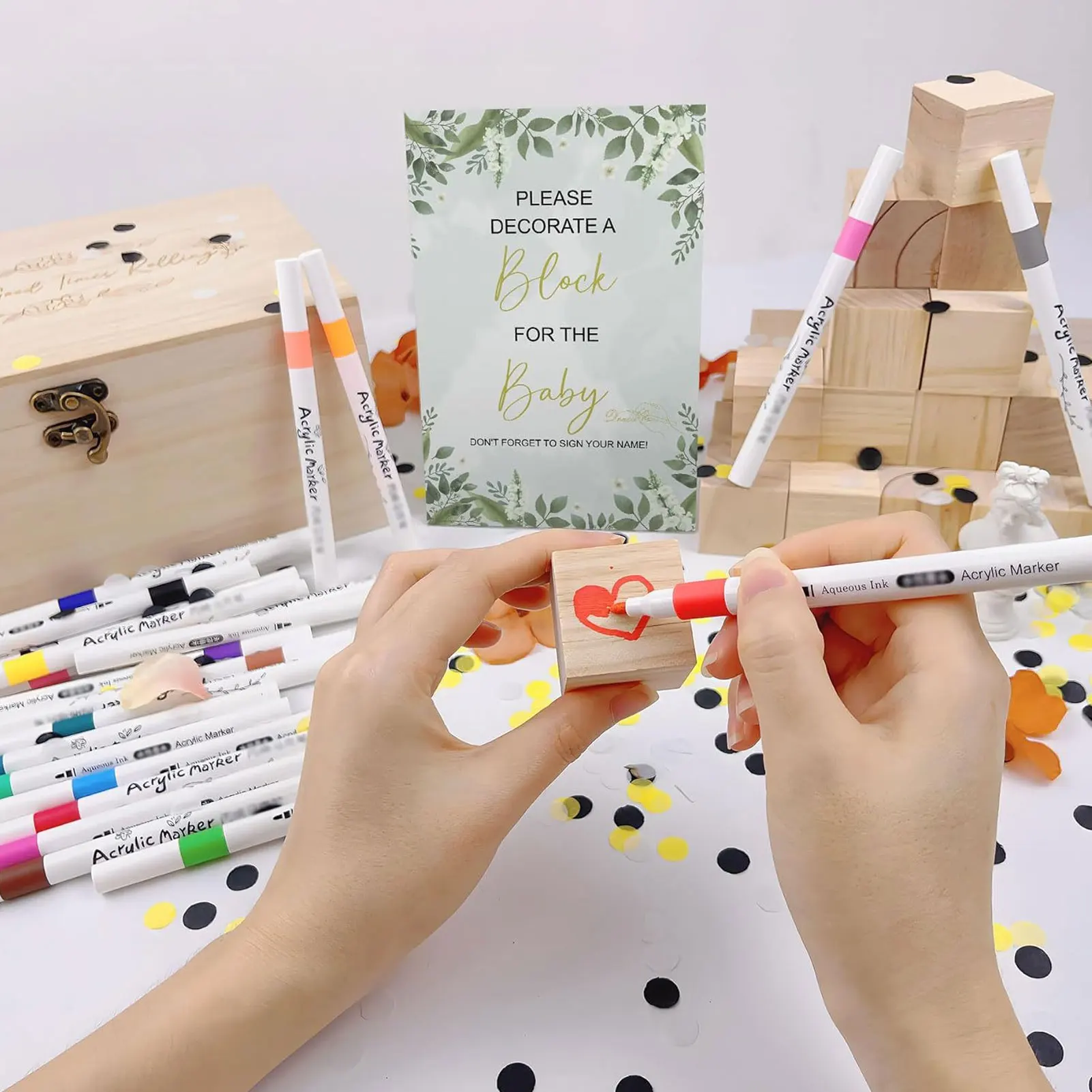 【New】Baby Shower Block Game Set 48 Blank Wooden Blocks 12 Markers 1 Sign 42 Templates for Decoration Baby Shower Block Game Set