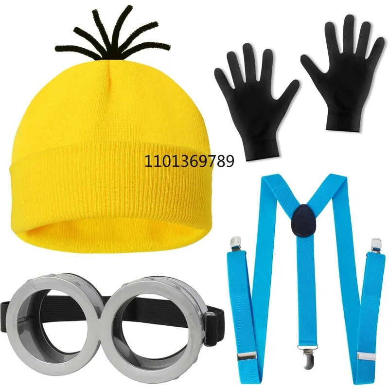4 Uds. Accesorios de disfraz de Minions de Disfraz de Halloween para adultos, gorro amarillo/gafas/guantes/pingentes para vestido de Halloween