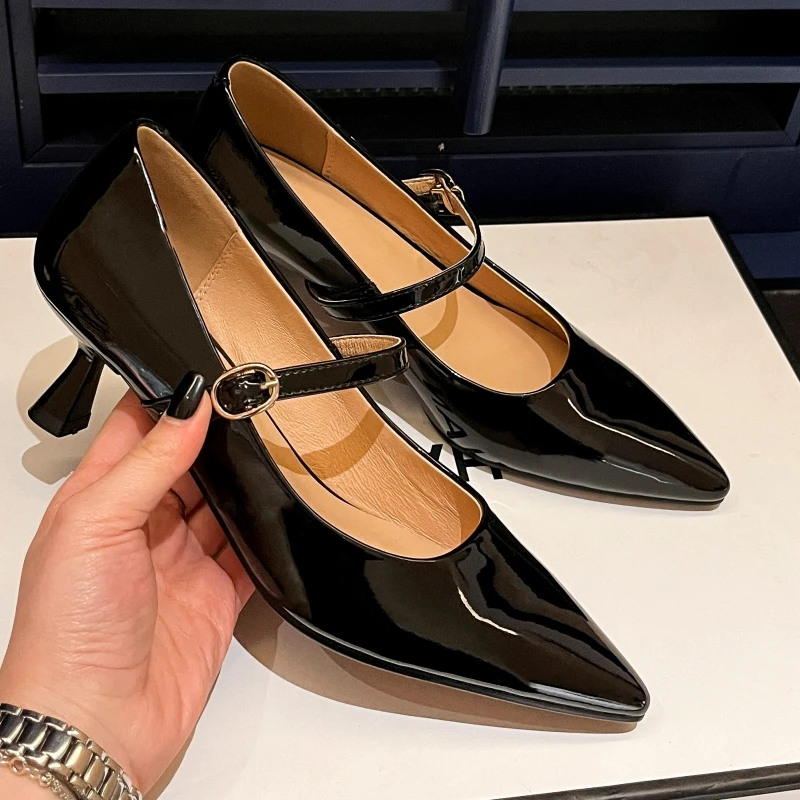 Short Heels Mary Janes Shoes Women Pumps Genuine Leather Point Toe Black Nude Red Heeled Office Wedding Shoes Female Large Size