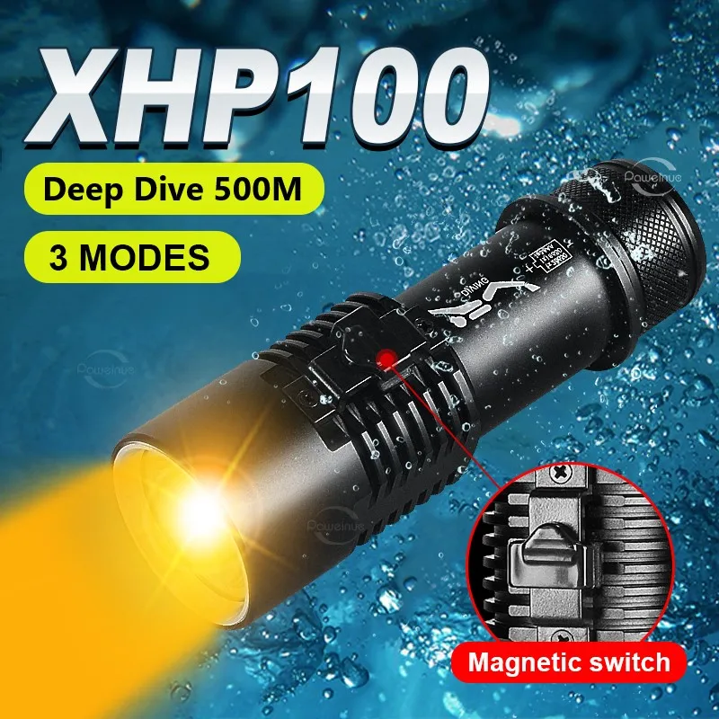 XHP100 Powerful Diving Flashlight Rechargeable 18650 LED Yellow Light High Power Waterproof IPX8 Underwater Torch Diving Lantern