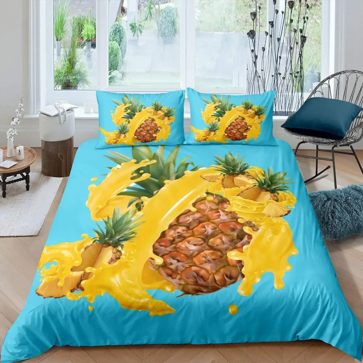 Cartoon Pineapple Bedding Set Daisy Flowers Comforter Cover Set for Kids Teens Women Room Decor Duvet Cover Full Size 3 Pieces