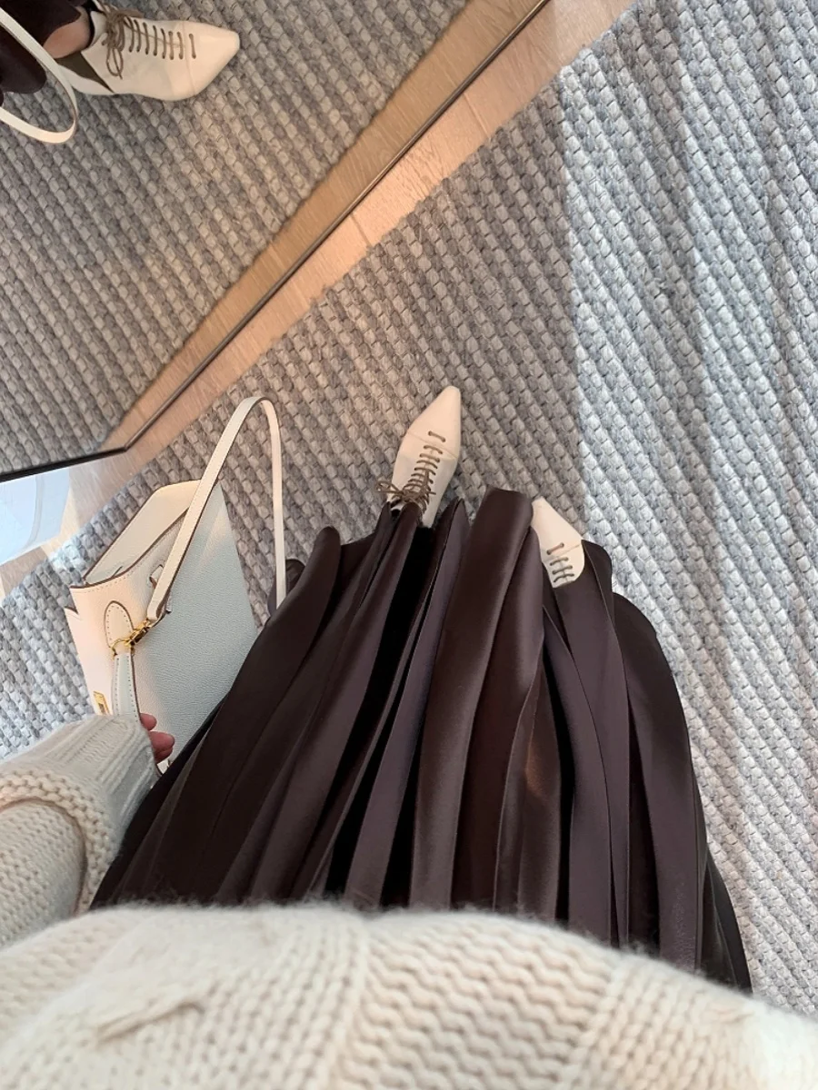 

Женская юбка THOEY CHEN осенне-зимняя, модная плиссированная юбка-миди из ацетата, стройнящая, с высокой талией, А-силуэт