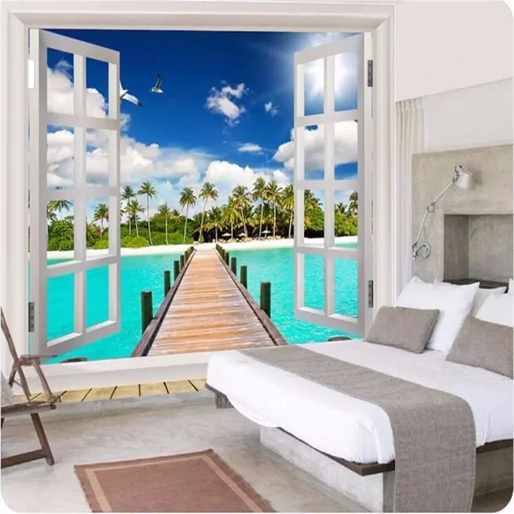 custom photo wallpaper 3d flooring wall paper Nature background Beach Ocean View window blue sky clouds large mural painting