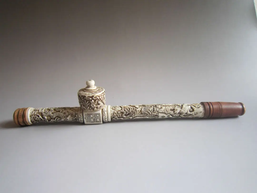 Collectibles Decorated Chinese handwork Carved Dragon old long smoking pipe