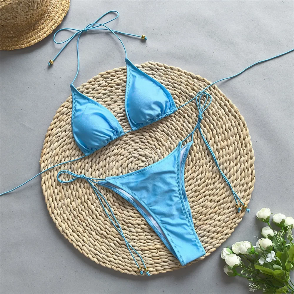 

Light Blue Halter String Micro Bikinis Sets Extreme Mujer Sexy Swimsuit Women Mini Thong Swimwear Bather Bikini 2024 Beachwear