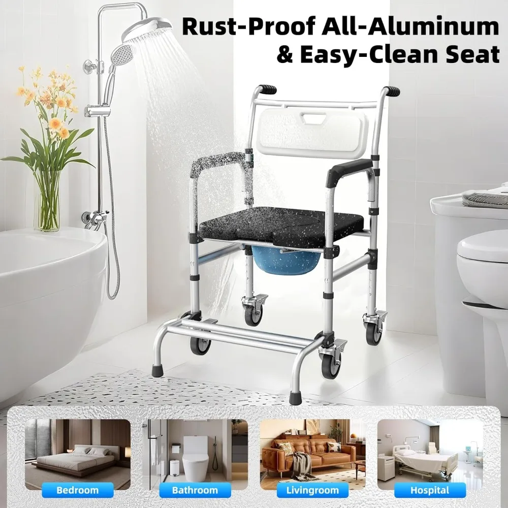 Health & Household 4 in 1 Rolling Bedside Commode Chair with Wheels for Elderly, Shower Chair with Handles
