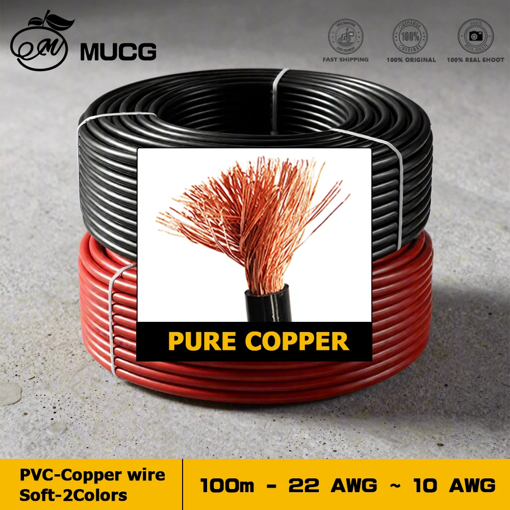 RV 100m/roll PVC Copper wire Flexible wire Soft Black Red Electric cable Copper cable Auto led Speaker Audio Power Car Wiring