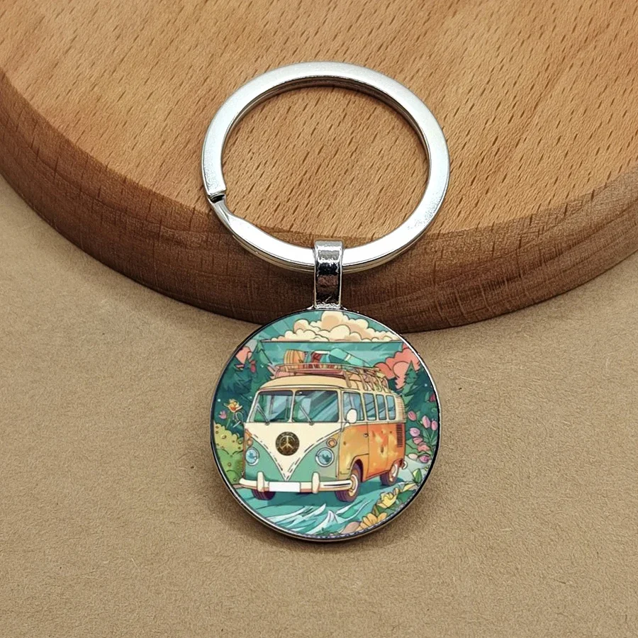 Colorful Peace Bus Keychain Tour Bus Keyring Hippie Peace Sign Truck Bus Keychain, Fashion Wallet Car Pendant