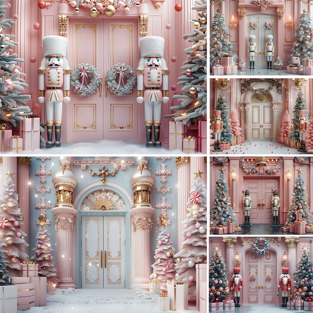 Christmas Nutcracker Soldier Photography Background Pink Palace Door Xmas Tree Wreath Gift Backdrop Booth Winter Kid PhotoStudio