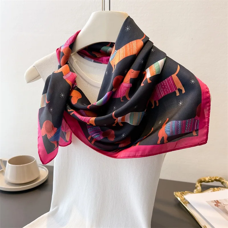 2026 Luxury 70x70cm Square Silk Scarf for Women Cute Dachshund Pattern Shawls Wrap Fashion Accessory Hair Tie Bandana Hijab Caps