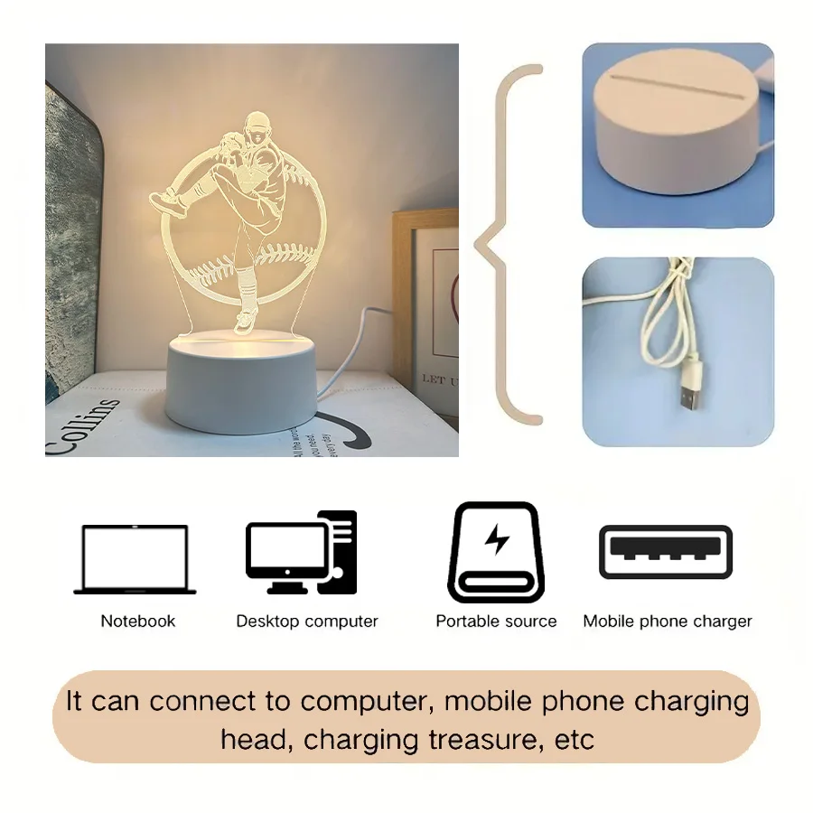 เครื่องเล่นเบสบอล 3D ที่ขับเคลื่อนด้วย USB 1 ชิ้นไฟกลางคืนสร้างสรรค์ บ้าน โต๊ะ ตกแต่งห้องนั่งเล่น ไฟกลางคืนของขวัญวันเกิด