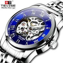 Fashin Tevise Top Brand Mens Skeleton Full Stainless Steel Waterproof Luxury Transparent Mechanical Business Male Wrist Watches