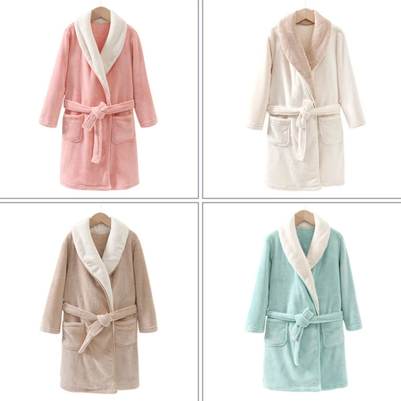 4-12Y Kids Robes Fall Winter Children Flannel Soft Warm Long Sleeve Pajama Robes Boys Girls Pink White Bathrobe Casual Nightgown