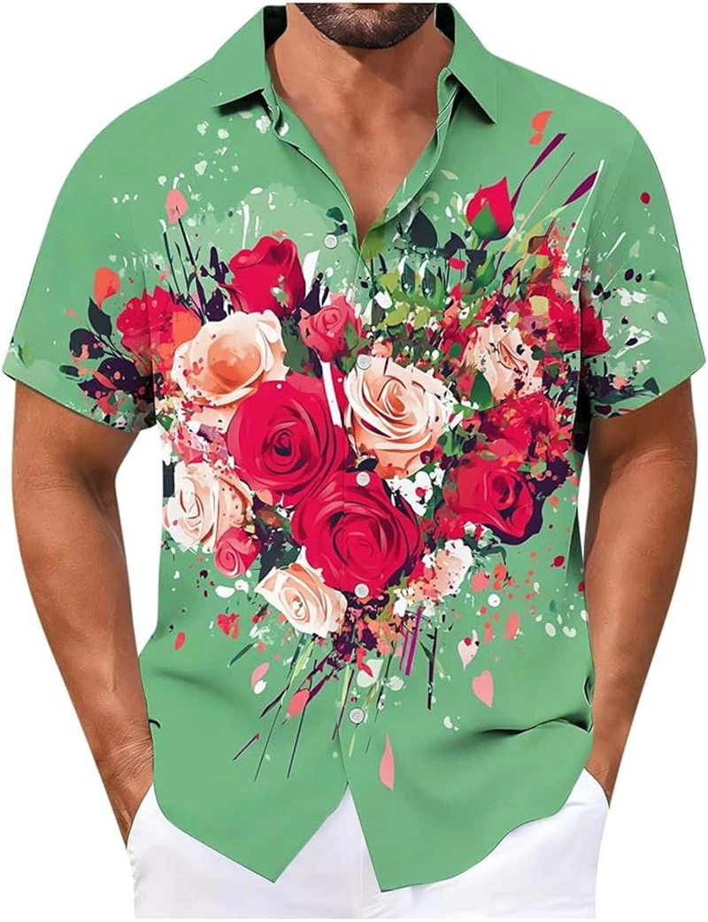

2026 New Men's Shirt Hawaiian Shirt Color Flower Print Short Sleeve Beach Casual Style Summer Vacation Party Top Valentine's Day