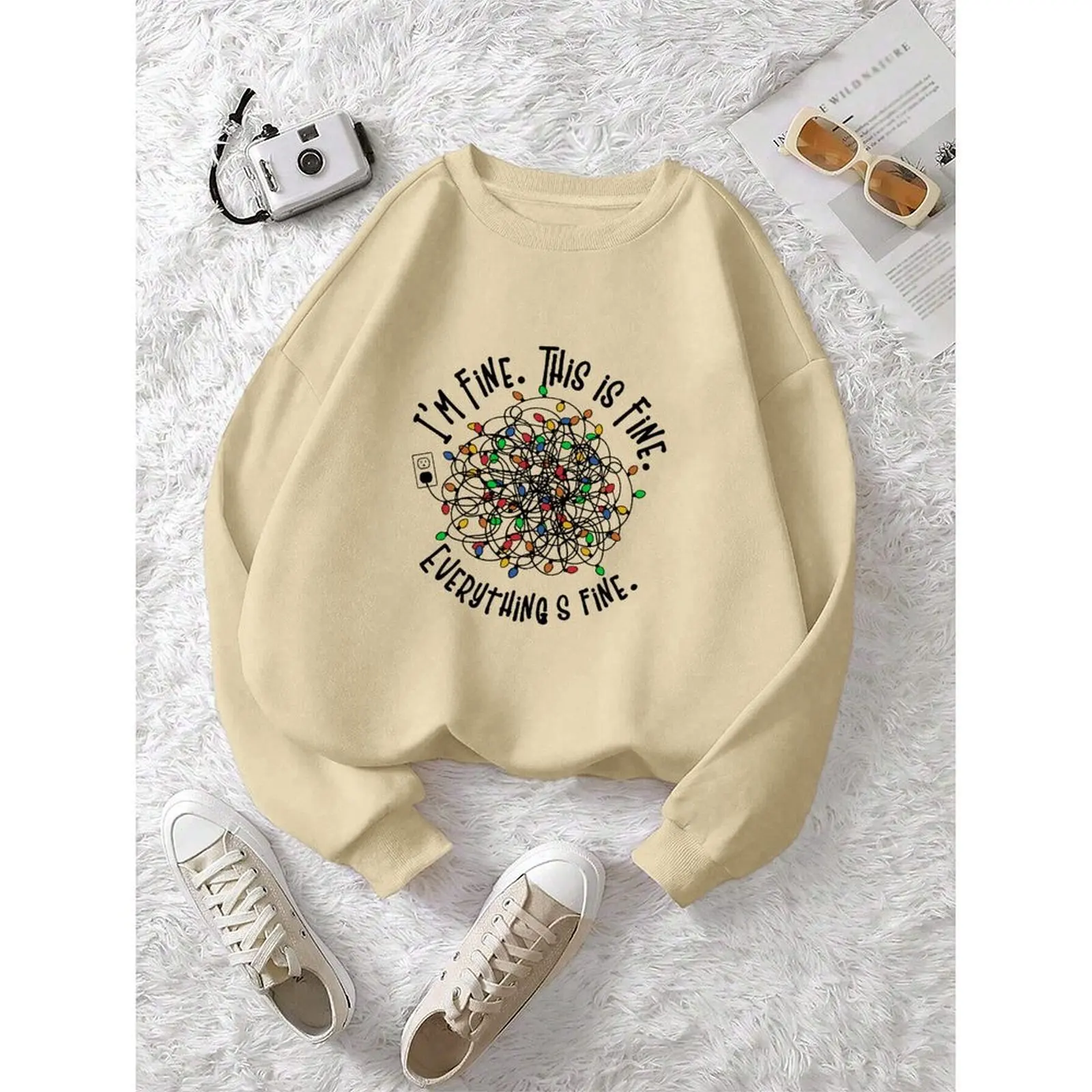 

Round Neck Women Sweatshirt Velvet Winter Casual Loose Comfortable Christmas Light Printed Pattern Woman Clothes 2025