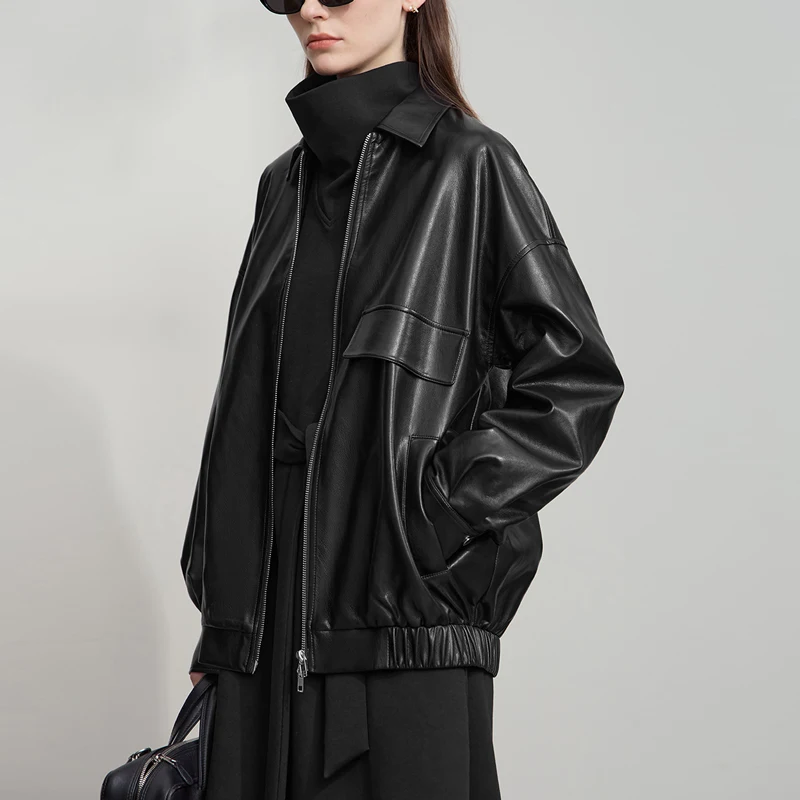 AMII Leather Jacket Woman 2025 Autumn New Streetwear Style PU Leather Jacket Lapel Zipper Long Sleeve Casual Loose Tops 12543118