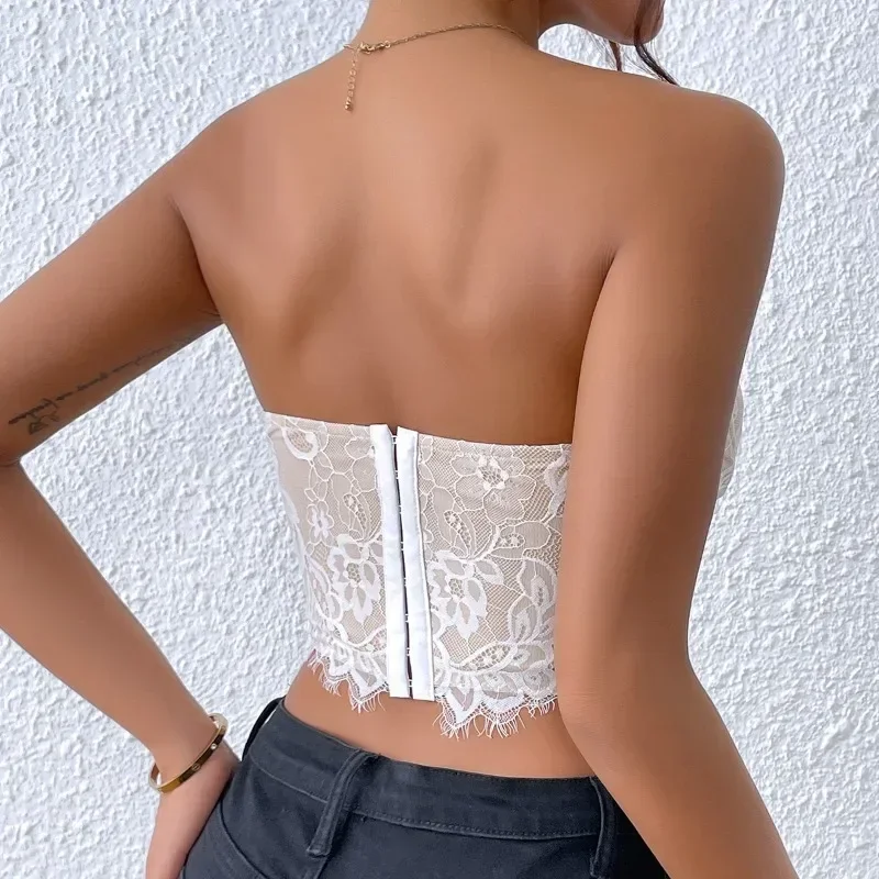 CHUANGERM seksowny koronkowy bez rękawów krótki top z odkrytymi ramionami gorset haft kwiatowy zakrętka tubki bez ramiączek Fishbone Backless