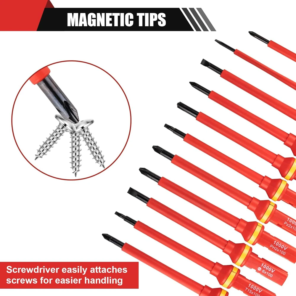 13/9-teiliges 1000V Isoliertes Schraubendreher-Set S2-Stahl Magnetische Spitzen PP+TPR-Griff für Elektriker-Reparaturwerkzeuge & Industrielle Anwendungen – Detail 6