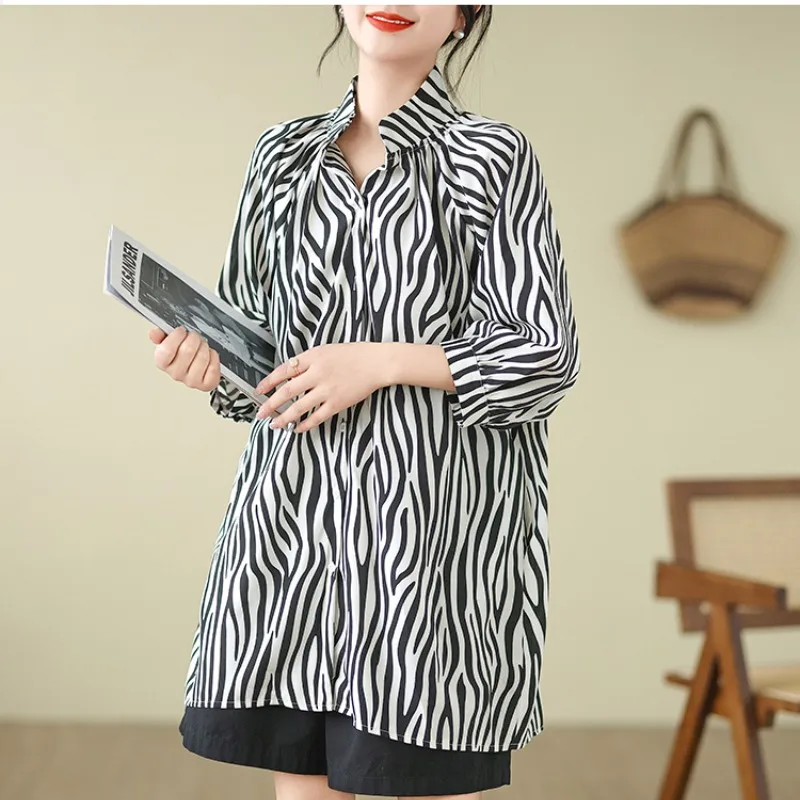 

Summer Women's 2024 New Stand Collar Spliced Button Stripe Loose Back Drawn Pleats Fashion Casual Versatile Mid Sleeved Dress