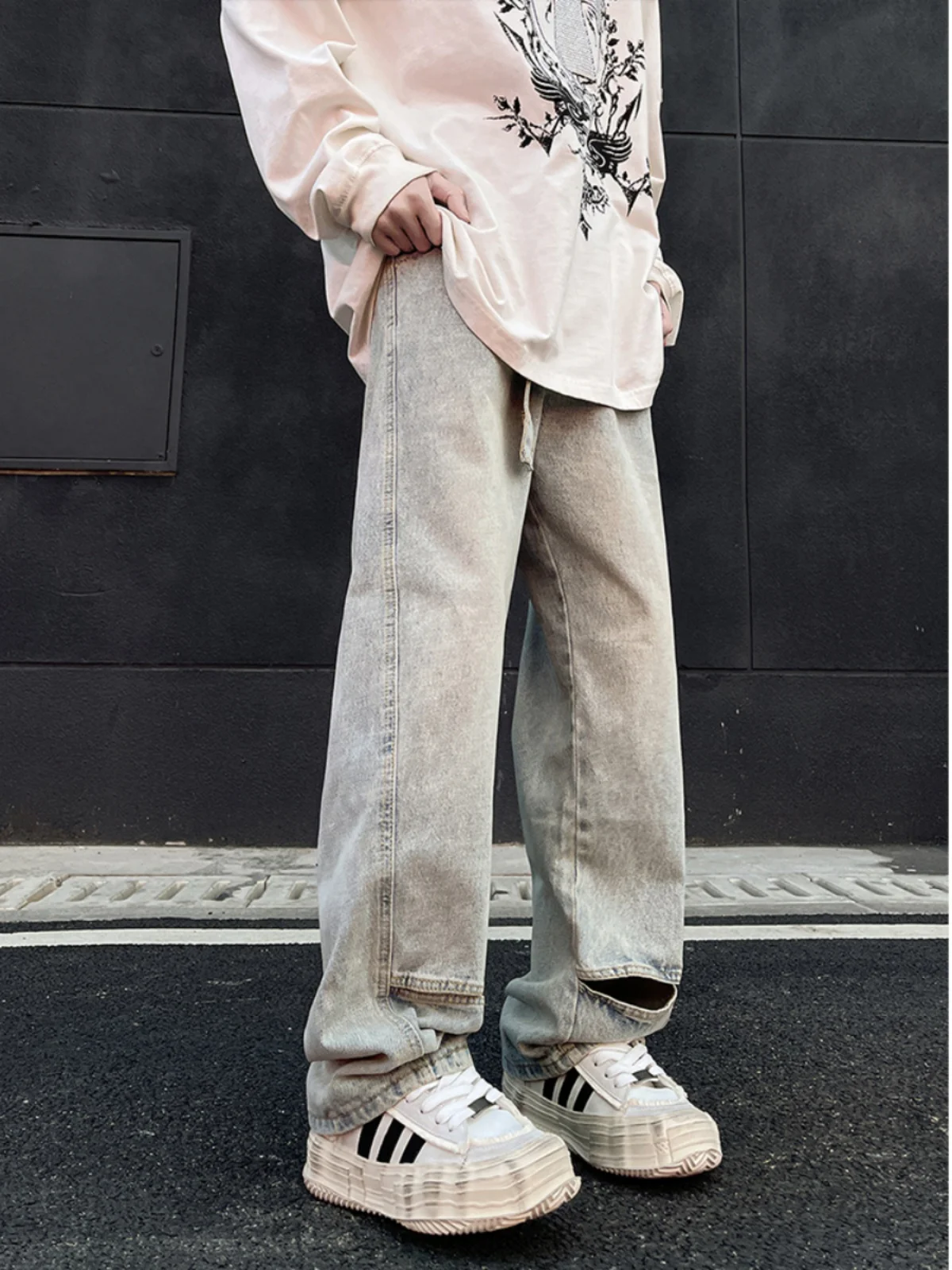

Light Blue Men's Straight Leg Jeans Spring Autumn High Street Vibe Open Design Loose Wide Leg Long Trousers Casual Wear