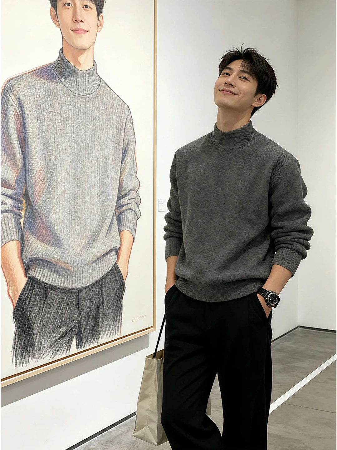 

Мужской теплый зимний свитер с высоким воротником, облегающий базовый слой, повседневный, с флисовой подкладкой, утолщенный