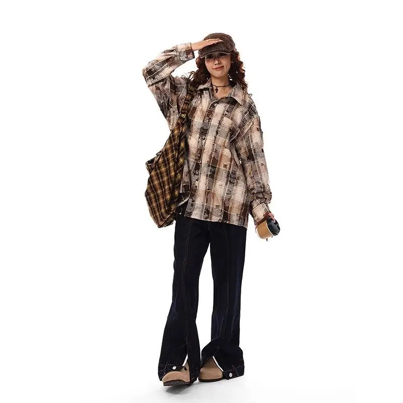

Women's Vintage Tie Dye Checkered Long Sleeved Shirt Fashion Couple Top Clothes Female Retro Street Loose Shirt