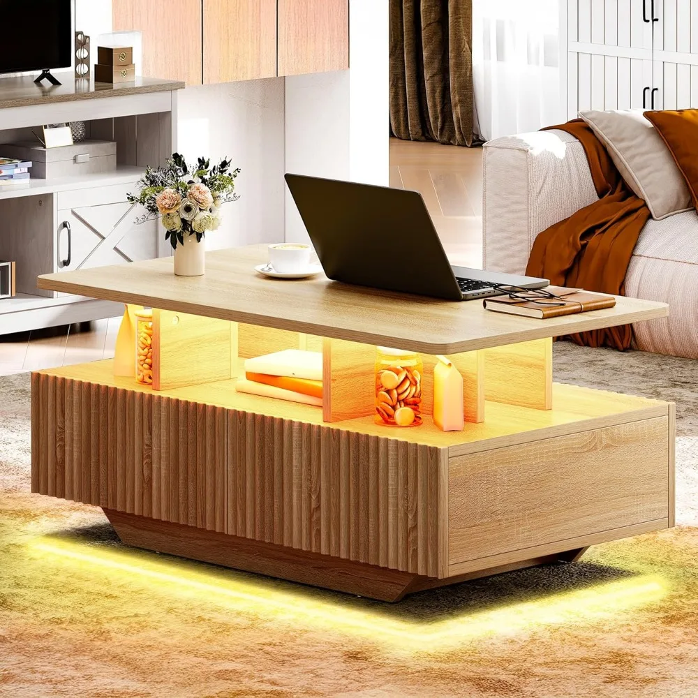 طاولات قهوة LED لغرفة المعيشة، طاولة قهوة مزرعة مخددة مع 4 أدراج للتخزين ومقصورة مفتوحة، مستطيل حديث