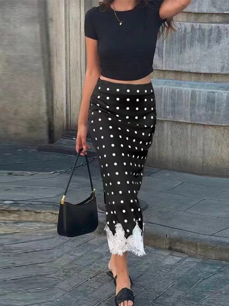 Spitzen-Patchwork Polka Dot Langer Rock Damen Sexy Hochgeschnittener Hüftbetonter Panelierter Schlanker Rock Charmante Damen Bodycon Partykleidung Neu – Detail 15