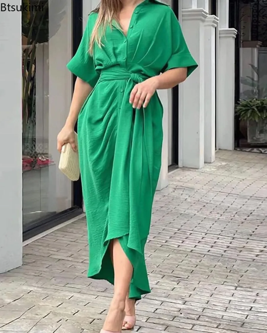 

New Women High Waisted Shirt Dress 2025 Summer Classic Solid Slim Short Sleeve Dress Female Fashionable Casual Office Long Skir