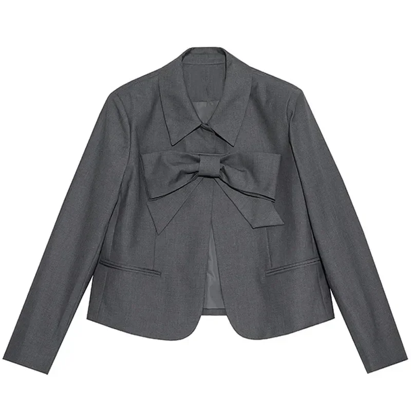 2024 New Spring Elegant Women Grey Chic Blazer Small Girl Retro Fashion Design Bowknot Loose Short Jacket Office Lady Workwear