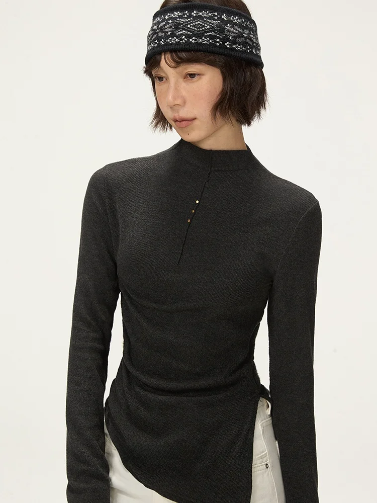 

about Passion Women's Slim Fit Base irt f High Collar Waist Cinching Inner Wear Asymmetrical Korean Sle Long Sve T-...