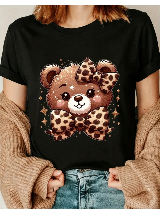 Cute Teddy Bear T Shirt Women Leopard Print Bow Graphic Tees Vintage Harajuku Style Cartoon Animal Short Sleeve Top