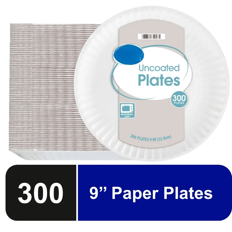 

Uncoated, Microwave Safe, Disposable Paper Plates, 9 in, White, 300 Count Heavy Duty Paper Plates for Everyday Use