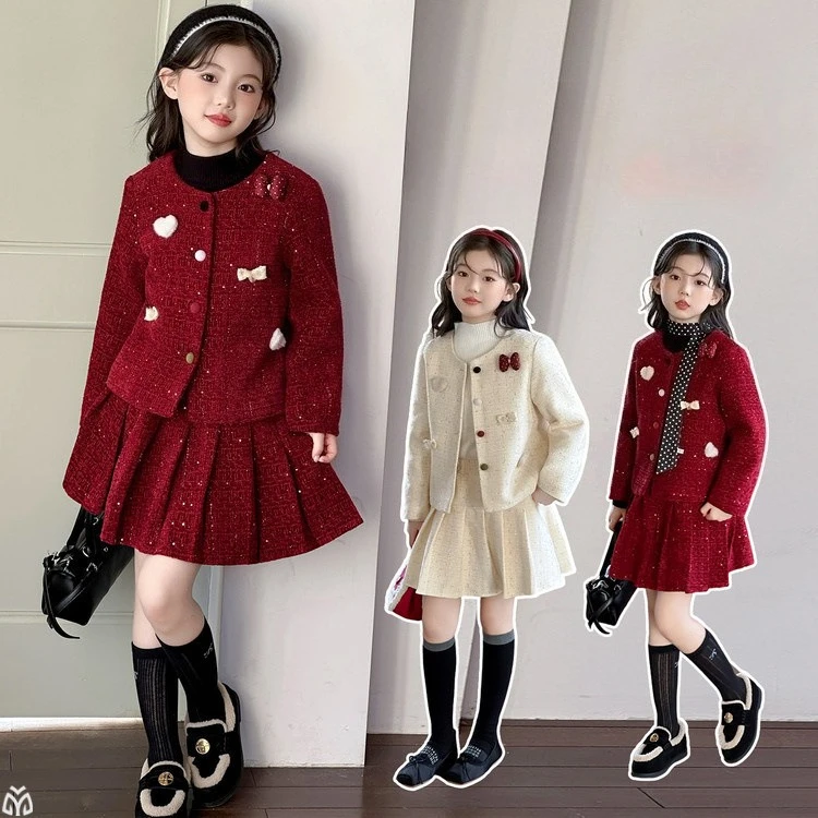 winter French chic teen girl skirts clothes set red thick cotton jacket+pleated skirt 2p junior kid Christmas suit child outfits