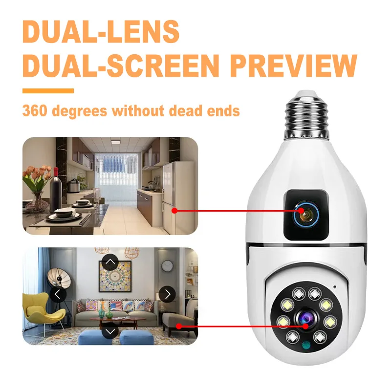 2K 2MP Dual Lens Bulb PTZ Smart WiFi Surveillance Camera Night Vision AI Auto Tracking Baby Monitor Wireless Surveillance Camera