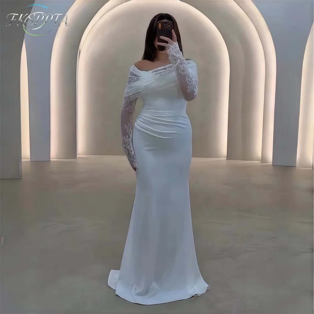 Elegant White Mermaid Wedding Dress Off The Shoulder Lace Full Sleeves Corset Back Maxi Bridal Gowns For Wedding Robe De Mariee