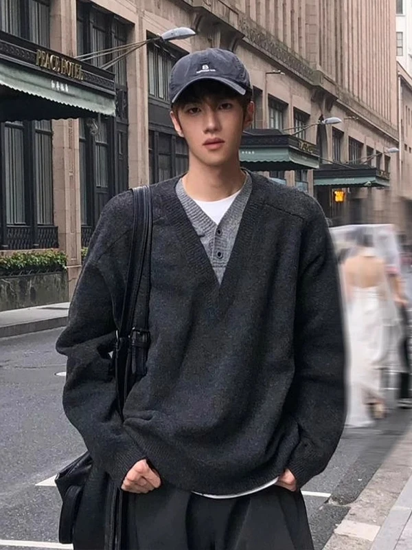 

Men's V-Ne Knitted Sweater Long Sve Base Layer Inner Wear irt Vintage American Sle Loose Fit Ci Walk Casual Wear
